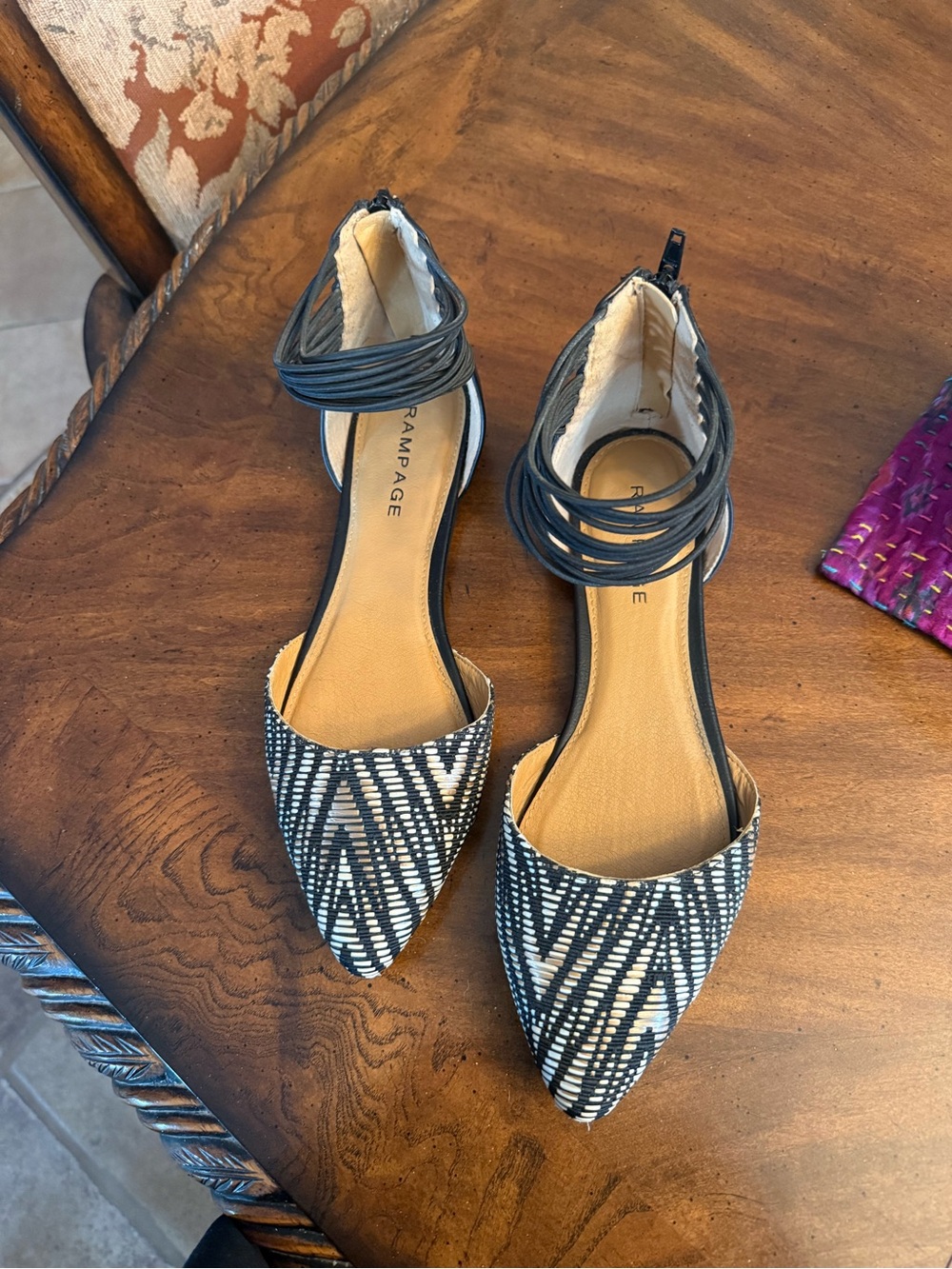 New Rampage Black & White Pointed Toe Ankle Strap Flats